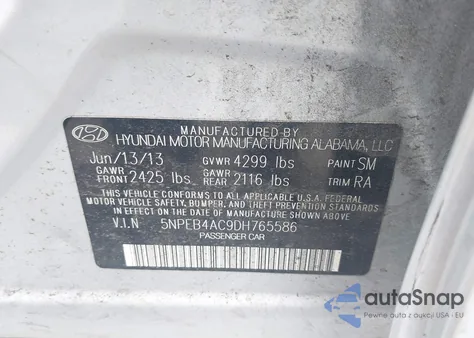 2013 Hyundai Sonata Gls from USA, damaged, VIN 5NPEB4AC9DH765586